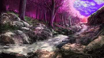 Фото бесплатно обои фантастический пейзаж, поток, лес, водопад, живопись, картина