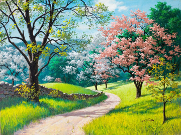 живопись, картина, весна, пейзаж, тропинка, цветущее дерево, искусство, шедевр