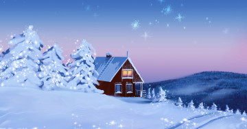 Обои на рабочий стол зима, снег, домик, елки в снегу, зимний пейзаж, живопись, картина