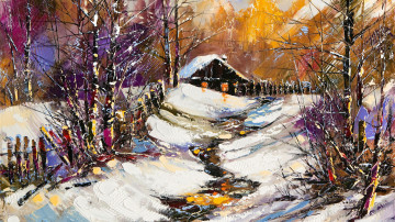 живописная картина, дом, деревня, снег, забор, ручей, утренний зимний пейзаж, картина маслом