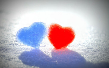 два сердца, романтика, снег, ледяные сердца, красное и синее, любовь, two hearts, romance, snow, ice hearts, red and blue, love