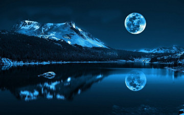 ночь, пейзаж, луна, горы, лес, водоем, отражение в воде, природа, Night, landscape, moon, mountains, forest, pond, reflection in water, nature