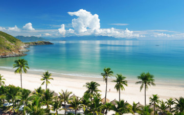 море, пляж, облака, пальмы, тропики, курорт, горизонт, песок, лазурный берег, вид с высоты