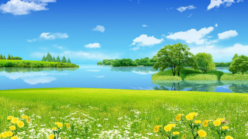 природа, река, луг, весна, цветы, полевые, деревья, пейзаж, облака.., берег, горизонт