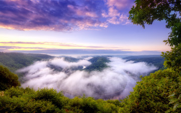 природа, ландшафт, туман, деревья, вид с высоты, небо, облака, обои скачать