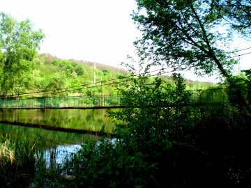 река, висячий мост, лето, зелень, природа