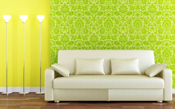 quad hd обои, интерьер в стиле минимализм, диван, торшеры, яркие зеленые обои