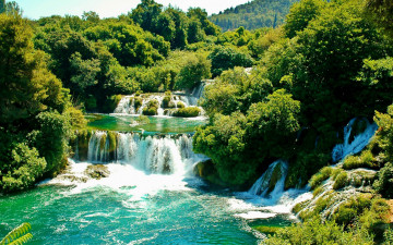 2880х1800, водопад Скрадинский Бук, каскады, природа, лето, национальный парк Хорватии, река Крка, деревья