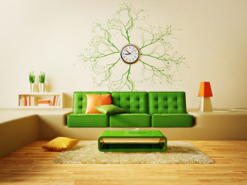 4000х3000 обои скачать, интерьер модерн дизайн, зеленый диван, часы, ковер, интерьер в стиле минимализма