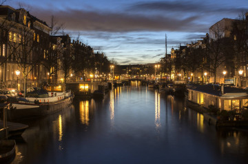 Фото бесплатно Голландия, Нидерланды, дома, река, закат, сумрак, вечерний город