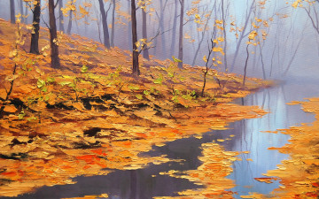 картина, краски, осень, жёлтые листья, живопись, пейзаж, искусство