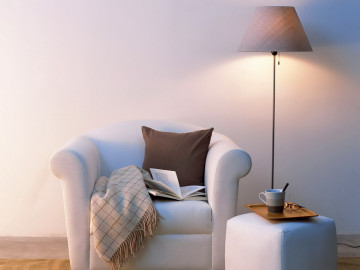 белое кресло, подушка, плед, книга, пуфик, чай, торшер, отдых, дом, уют, white chair, pillow, blanket, book, ottoman, tea, lamp, leisure, home, comfort