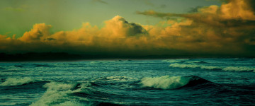 море, волны, тучи, пасмурно, картина, 4К обои, 3440х1440, waves, sea, clouds, overcast, 4K Wallpaper