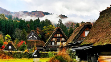 Сиракава, село, Япония, домики, крыши, горы, лес, природа, 3840х2160, 4к обои