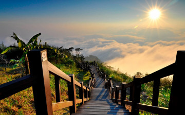 лестница с неба, солнце, туман, выше облаков, природа, 2560х1600