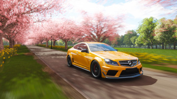 Фото бесплатно Форза Горизонт 4, Mercedes Benz, желтый Mercedes, цветущие сакуры