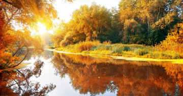 Обои на рабочий стол желтые, осень, пейзаж, деревья, лучи солнца, река