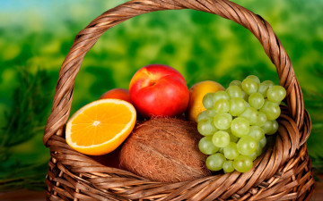 натюрморт, фрукты в корзине, апельсин, персик, кокос, виноград, still life, fruit basket, orange, peach, coconut, grapes