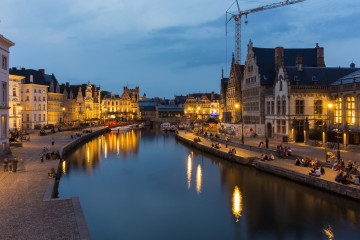 Гент, Бельгия, город, ночь, река, улица, набережная