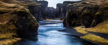 каньон, река, горы, Исландия, красота, обои 3440х1440, 5К