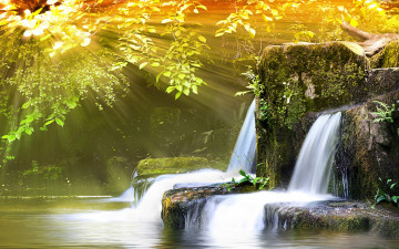 the rays of the sun, waterfall, stones, leaves, branches, nature, лучи солнца, водопад, камни, листья, ветви, природа