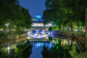 Фото бесплатно мост, река, Франция, ночь, город, деревья, парк, отражение в воде