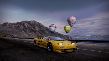Фото бесплатно Need for Speed, желтая машина, lamborghini diablo, горы, аэростаты, воздушные шары, 3840х2160 4к обои