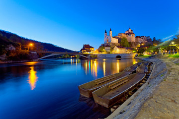 Фото бесплатно вечер, река, Арбург, Швейцария, город, отражение в воде