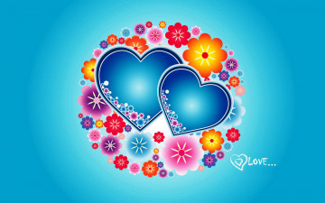 сердечка, цветочки, абстракция, любовь, голубой фон, обои скачать, hearts, flowers, abstract, love, blue background, wallpaper download
