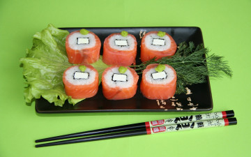 суши, палочки, зелень, еда, зеленый фон, японское блюдо, обои, Sushi, chopsticks, greens, food, green background, Japanese dish, wallpaper