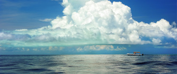 cumulus clouds above the sea, красивые облака, небо, море, горизонт, обои хорошего качества, 5К, 3440х1440