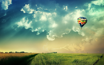 аэростат, воздушный шар в небе, высота, небо, облака, пейзаж, зеленое поле, красивые обои, balloon in the sky, height, sky, clouds, landscape, green field, beautiful wallpaper