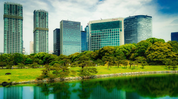 Токио, Япония, столица, город, река, небоскрёбы, район, деревья, набережная, отражение в воде, 3840х2160, 4к обои