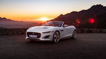 Фото бесплатно закат, jaguar f-type p380 awd, белые спортивные автомобили, кабриолет