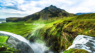 Iceland, mountains, nature, waterfall, greens, beautiful landscape, Исландия, горы, природа, водопад, зелень, красивый пейзаж