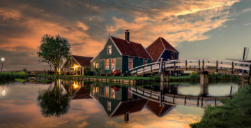 Фото бесплатно природа, Нидерланды, канал, дома, вечер, закат, отражение в воде