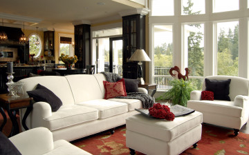 美麗的客廳，白色家具，全景窗戶的內部, beautiful interior of the living room, white furniture, panoramic windows