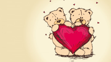 рисованные обои, медвежата с красным сердечком, картинка для открытки, hand-drawn wallpaper with a red heart, picture for a postcard