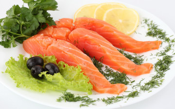 лосось, оливки, салат, лимон, еда, праздник, рыба, петрушка, укроп, блюдо