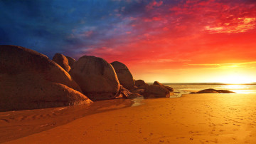 Фото бесплатно пляж, закат, песок, океан, красное небо