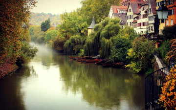 Утро, туман, Германия, пейзаж, река, город, Morning mist, Germany, landscape, river, city