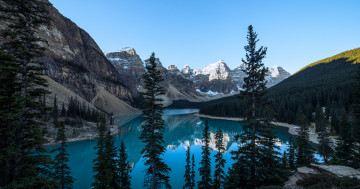Обои на рабочий стол моренное озеро, Канада, чистое небо, пейзаж, долина десяти вершин, зеленые деревья, ледниковые горы, дневное время, 5к, отражение, национальный парк банф, голубая вода