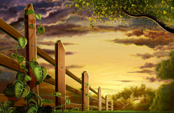 drawing, wallpaper, evening, sunset, wooden fence, nature, sky, 
рисованные обои, картина, вечер, закат, деревянный забор, природа, небо, 繪圖，壁紙，晚上，日落，木柵欄，性質，天空,