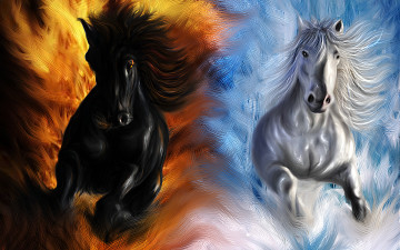 картина, графика, кони, белый, вода, черный, огонь, painting, drawing, horses, white water, black, fire