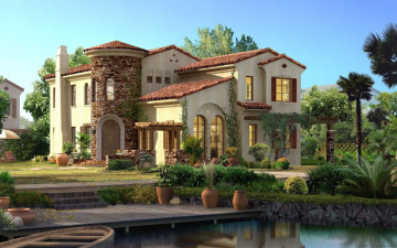 two-story house, 2560x1600, pond, villa, garden, palm trees, design, greenery, двухэтажный дом, водоем, вилла, сад, пальмы, дизайн, зелень
