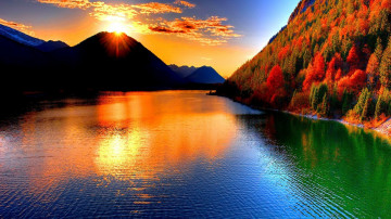 осень, река, горы, закат, природа, лучи солнца отражаются в воде, очень красивые обои ,Autumn, river, mountains, sunset, nature, sun rays reflected in the water, very beautiful wallpaper