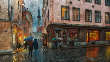 Таллин, Эстония, город, вечер, дождь, осень, улочка, дома, магазины, стекло в каплях дождя
