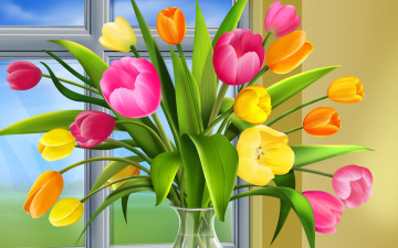 букет, тюльпаны, цветы, весна, ваза, обои на рабочий стол, bouquet, tulips, flowers, spring, vase, wallpaper
