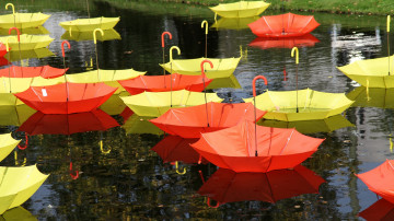 раскрытые зонтики плывут по воде, дождь, осень, кораблики из зонтиков, open umbrellas float on the water, rain, autumn, boats from umbrellas