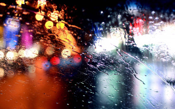дождь, лобовое стекло, ночь, огни, размытость, Rain, windshield, night, lights, blur